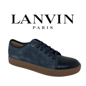 Men's LANVIN Suede and Nappa Moc-Croc Cap-Toe Sneaker, Size 7, Navy